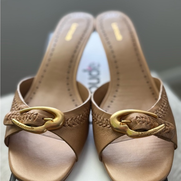 Larroude Tan Sandals with Gold Buckle - Picture 2 of 6